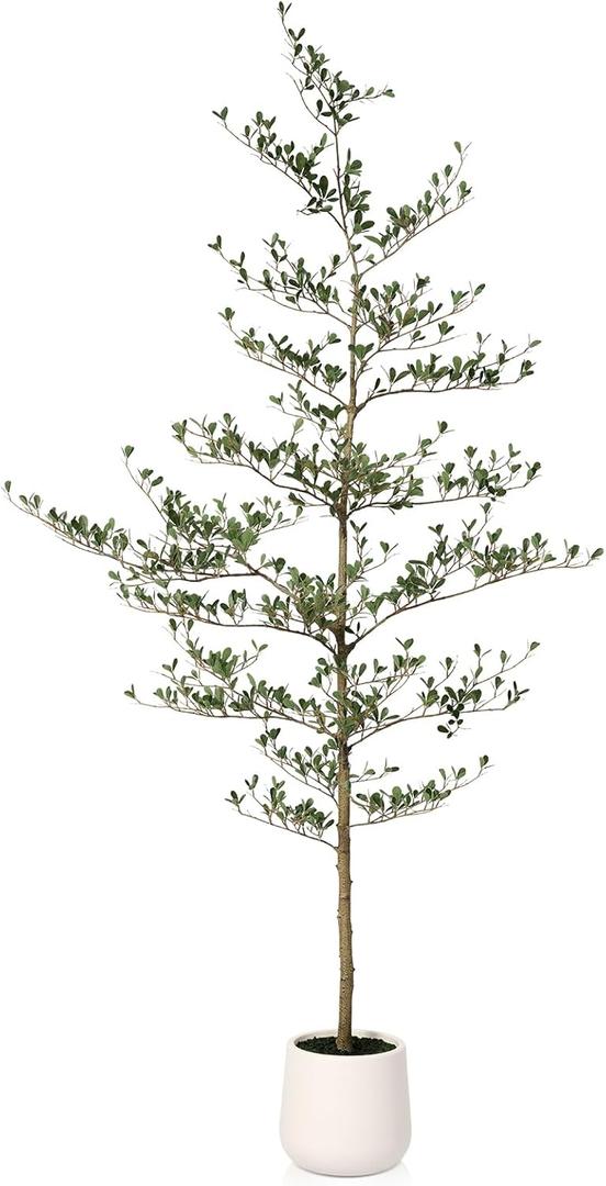 Artificial Black Olive Tree 7FT - Faux Olive Trees with Modern White Planter & Moss for Indoor Home Decor - UV Resistant Potted Tall Fake Plants for Living Room Office Porch Outdoor, VN124