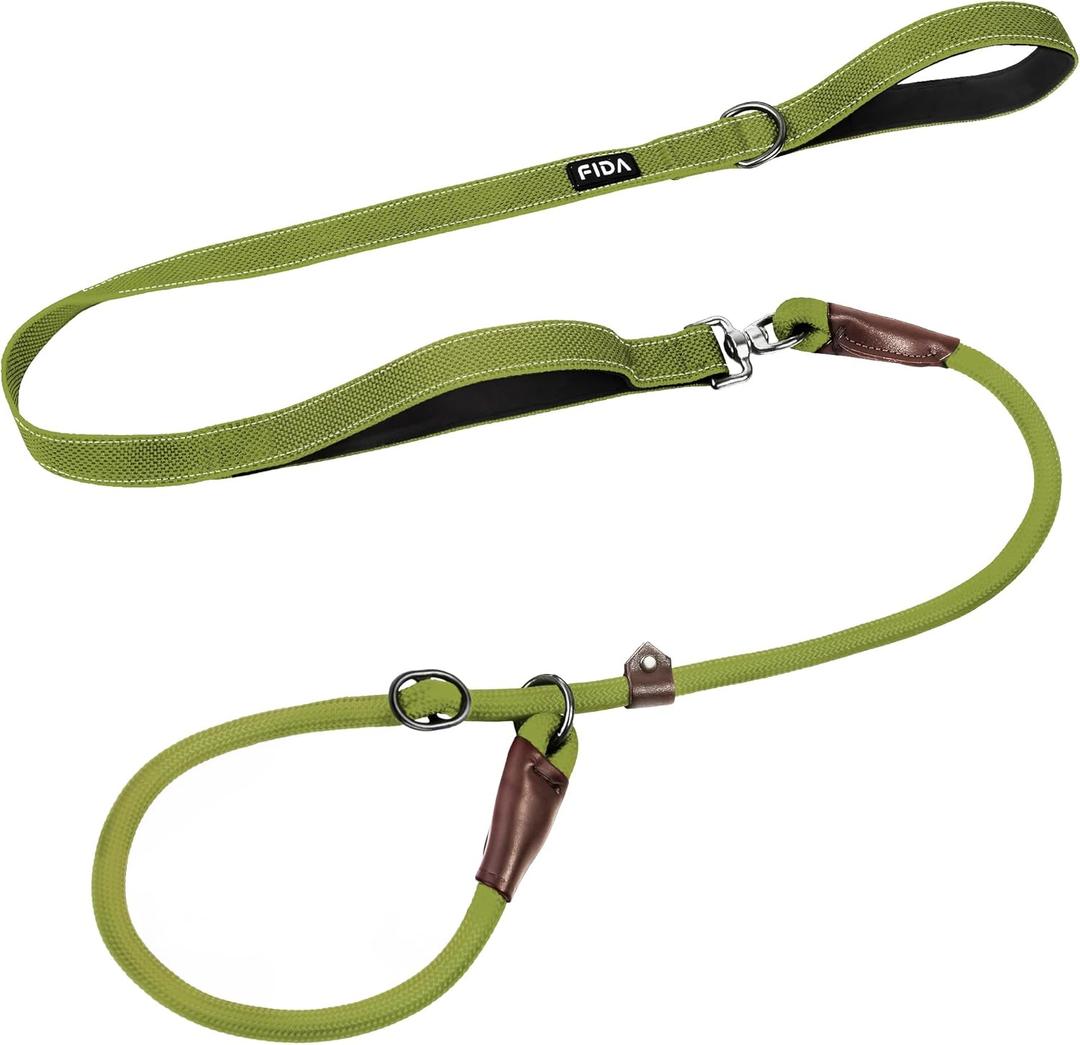 Fida 2-in-1 Slip Leads for Dogs with Double Handles, Tangle Free Leash for Large Dogs That Pull, Heavy Duty No Pull Training Leash Reflective Soft Padded for Large & Medium Breed(6ft,Green)