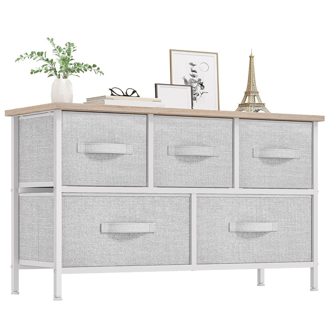 YITAHOME Dresser with 5 Drawers - Fabric Storage Tower, Organizer Unit for Bedroom, Living Room, Closets - Sturdy Steel Frame, Wooden Top (Light Grey Print)