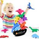 FFTROC Montessori Dinosaur Toys for 2 3 4 Year Old Boys - Wooden Stacking Dinosaur Toys for Kids 2-4 3-5, Toddler Balancing Block Sets (Multiple Colour 2)