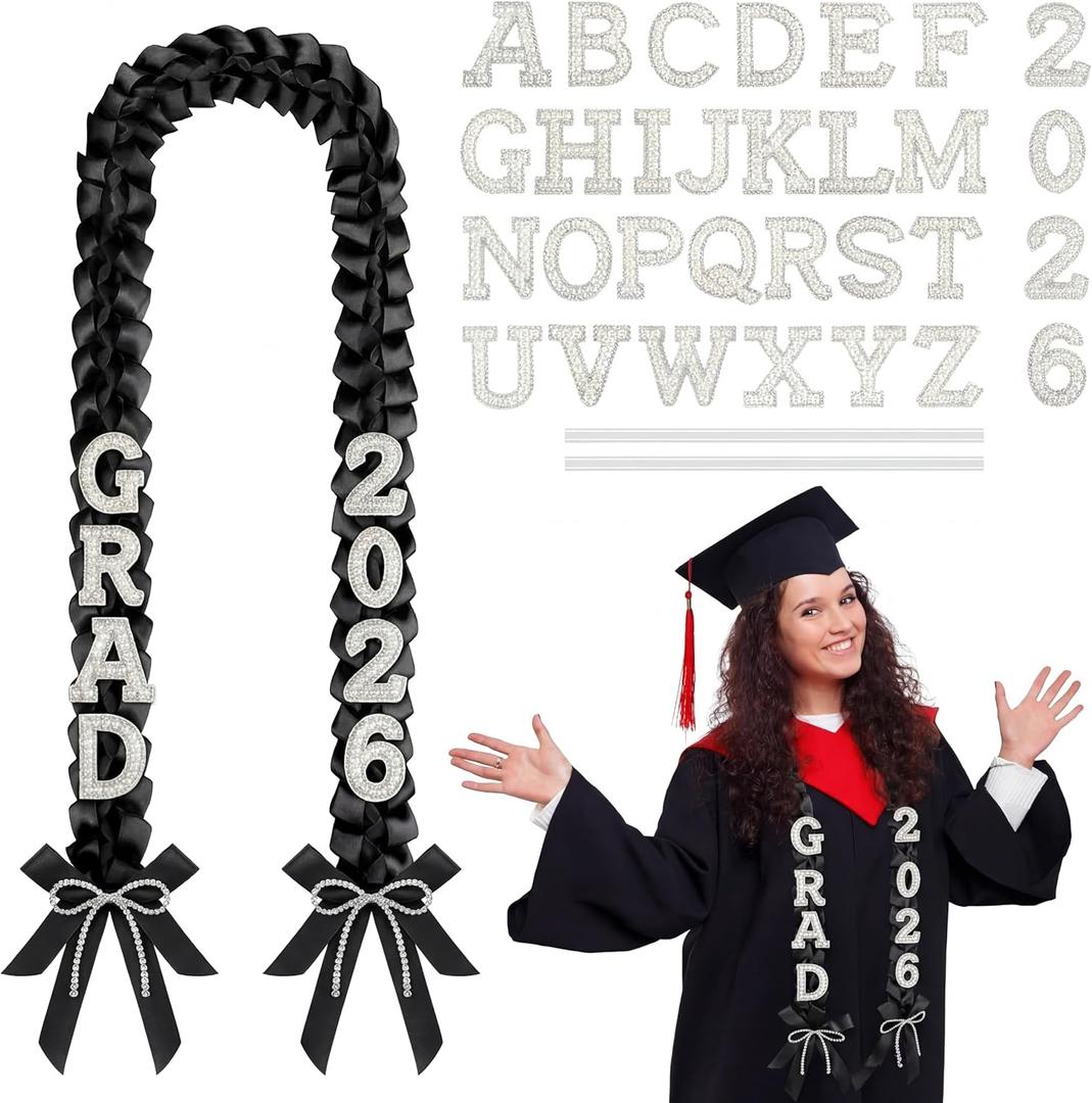 DIY Class of 2026 Graduation Leis with 30 Pearl Patches Letters and Numbers Graduation Money Leis Double Braided Ribbon Necklace for High School College 2026 Grad Party Decor(Black)