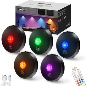 RGB Puck Lights with Remote Control, 2000mAh Rechargeable Stick on Led Lights, 9 Colors & 2 Dynamic, Tap Light with Timing,Under Cabinet Lighting for Closet,Kitchen,Cabinet,Shelf(Black, 2 Pack)