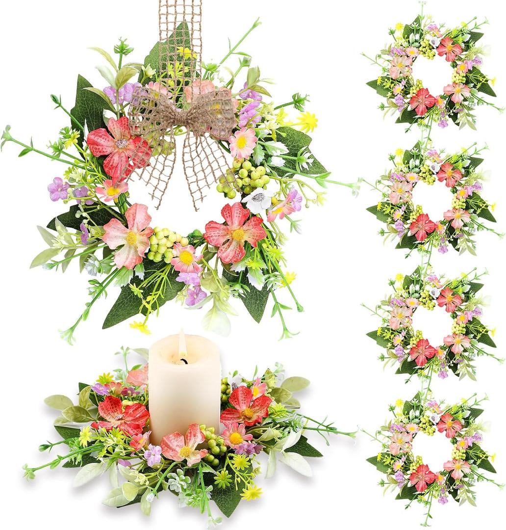 Jexine 8 Pieces Spring Summer Artificial Flowered Wreath Mini Floral Wedding Candle Rings Wreaths for Wedding Table Centerpiece Pillars Farmhouse Party Home Door Tabletop All Seasons Decor
