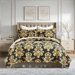 Black Yellow King Size Quilt Set -100% Cotton Farmhouse King Quilt,Black and Yellow Floral Printed Quilts, 3 Pieces Reversible Lightweight Bedspread, King Quilt Bedding Set for All Seasons