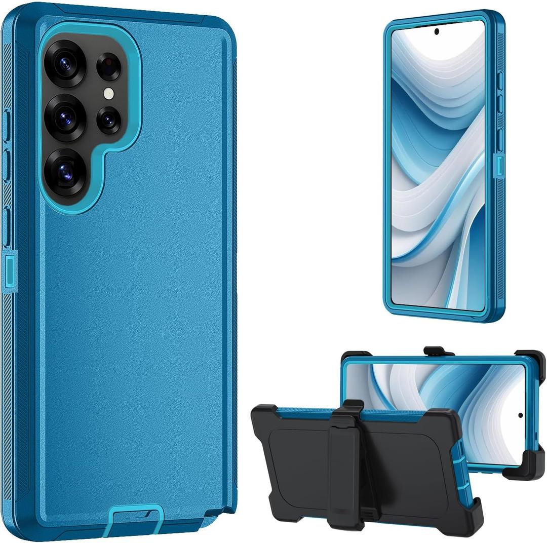 for Samsung Galaxy S25 Ultra case, S25 Ultra Heavy Duty case,with A Tempered Glass Screen Protector, [Military Grade Protective ] [Shockproof] [Dropproof] [Dust-Proof] (with Belt Clip-Lake Blue)