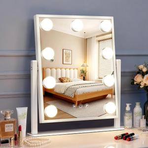 Makeup mirror with lights,Hollywood Vanity Mirror with 9 LED Bulbs12" x 13.2" Plug in Makeup Mirror for Desk,Smart Touch Control 3Colors Dimmable, light up mirror for makeup,Bedroom,Tabletop,White