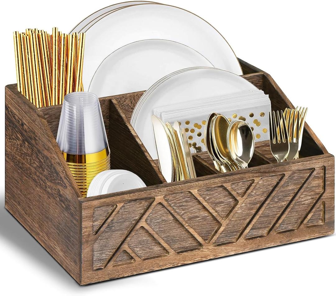 Paper Plate Dispenser, Paper Plate Holder for Kitchen Counter, Wood Rustic Silverware Utensil Caddy, Cutlery Flatware Organizer Box for Cups Spoons Forks Plates Napkins, Kitchen Accessories (Brown)