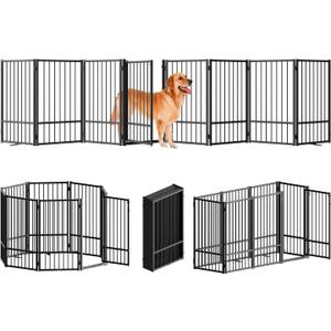 SNUOWU Full Metal Freestanding Dog Gate with Door, 36''Height Foldable Pet Dog Fence for Indoor & Outdoor, 8 Panels Extra Wide Free Standing TallDog Gates for Doorways,House,Stairs,Porch,Deck,Yard