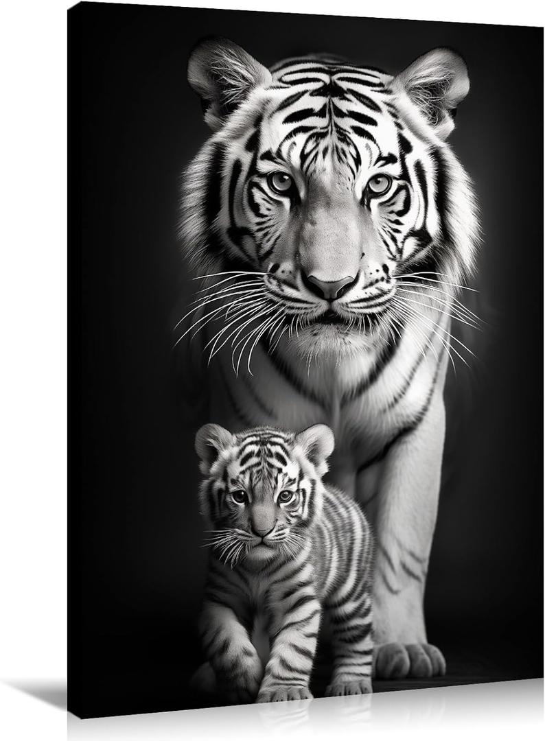 Canvas Wall Art Tiger Decor Black and White Picture Tiger and Cub Painting Wild Animal Poster Modern Artwork for Kids Room Office Bedroom Home Wall Decor Framed - 16.00"x24.00"