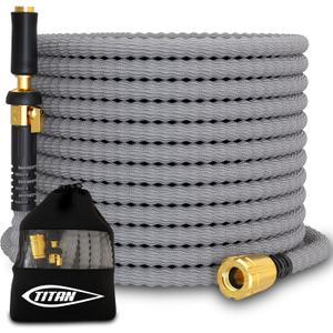 TITAN Flexible Garden Hose 100FT  Ultra Lightweight, Heavy Duty Water Hose with Brass Fittings & Jet Nozzle  Kink-Free, Non-Expanding, Durable Fabric Hose for Yard, Lawn, Car Wash, Outdoor Use (Gray)