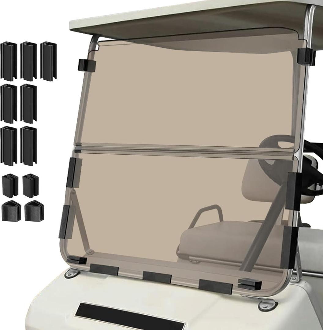 Golf Cart Foldable Windshield 3/16" (5MM) Only Fits 1982-2000 Club Car DS 1"1" Struts Upper and Down Straight Rail, Folding Acrylic Replacement - Tinted (Not Fit Top Tapered Rail Style)