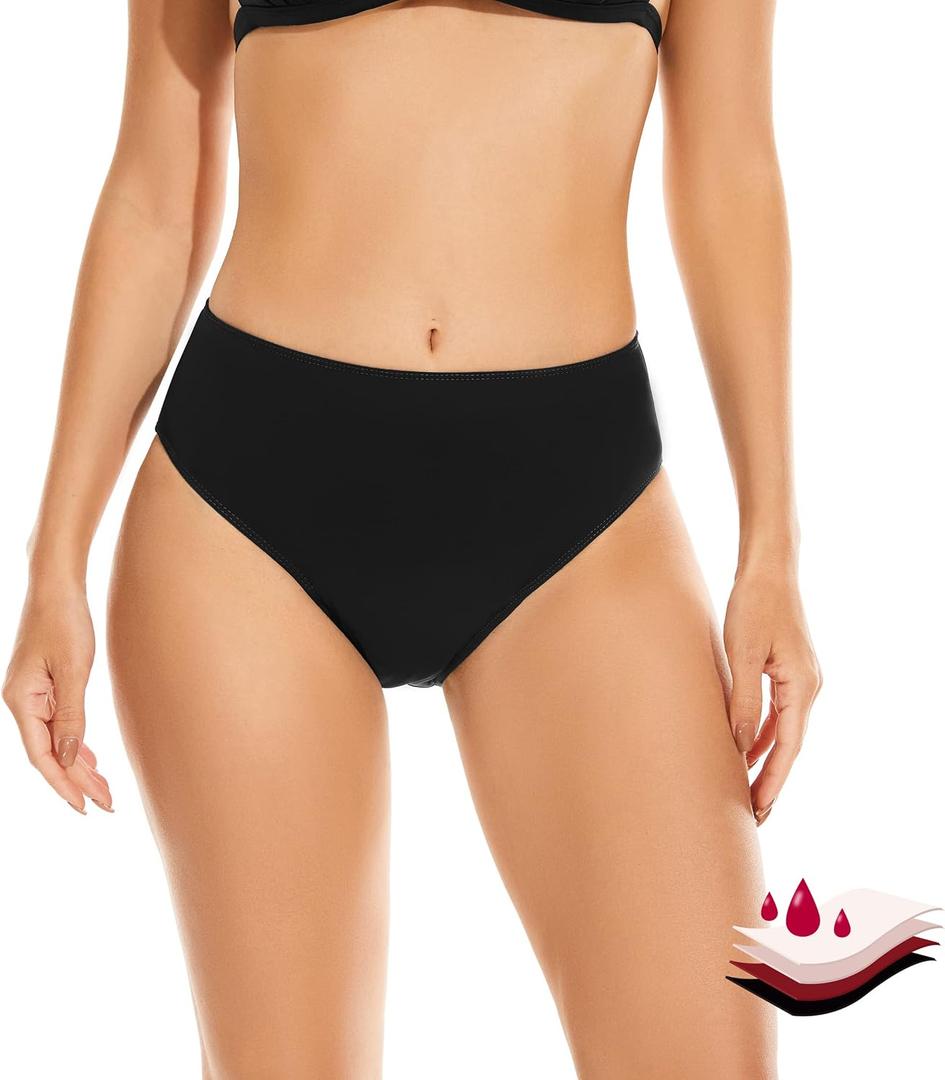 OVRUNS Period Swimwear Bikini Menstrual Leakproof Swim Bottoms Waterproof UV 50+ Light Flow for Teens Girls Women (Black, S)