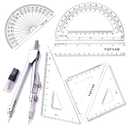 7 Piece Geometry School Set, with Quality Compass, Linear Ruler, Set Squares, Protractor