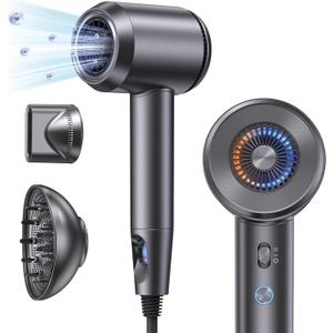 Hair Dryer with Diffuser, Fast Drying 1500W Motor &10,5000 RPM, Professional Hair Dryer with 500 Million Ions for Curly and Straight Hair Low Noise/Lightweight/Mini, Great for Travel and Home(Gray)