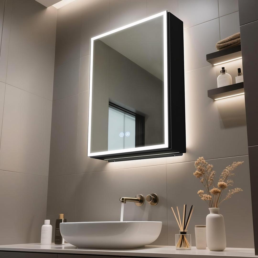 Lighted Medicine Cabinet with Mirror, 20 x 28 inch LED Bathroom Mirror Cabinet with Anti-Fog, Dimmable 3 Colors Front & Bottom Light, Buit-in Sockets & USBs (Left Hinge)