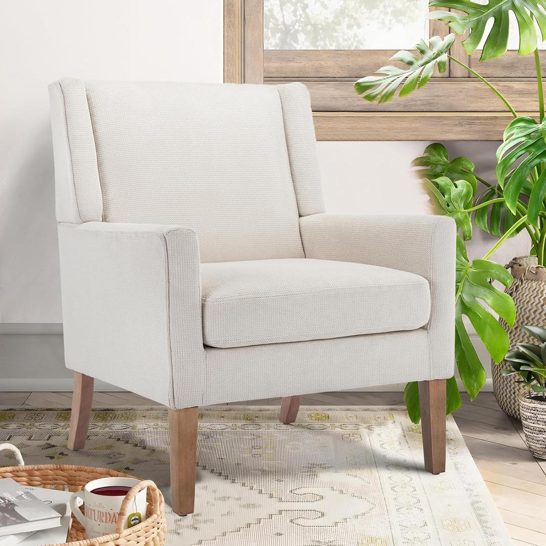 COLAMY Modern Wingback Living Room Chair, Upholstered Fabric Accent Armchair, Single Sofa Chair with Lounge Seat and Wood Legs for Office/Bedroom/Reading Spaces, Beige (Set of 1)