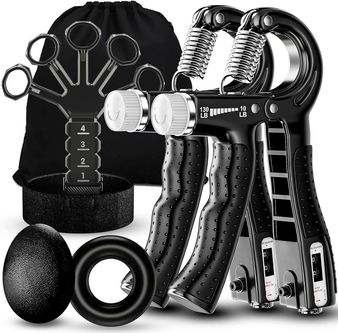 Grip Strength Trainer(5 Pack) with Finger Exerciser, Hand Grip Strengthener, Finger Stretcher,Grip Ring & Stress Relief Ball for Muscle Building and Injury Recover with Carry Bag (BLACK)