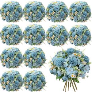 Tigeen 12 Bundles Peonies Artificial Flowers Faux Roses Silk Flowers Hydrangea Artificial Bouquet for Wedding Table Centerpiece Floral Vase Home Office Bridal Decor (Mist Blue)
