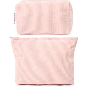 SOIDRAM 2 Pieces Makeup Bag Large Corduroy Cosmetic Bag Capacity Canvas Mix Travel Toiletry Bag Organizer Cute Makeup Brushes Aesthetic Accessories Storage Bag for Women, Corduroy Mix Pink