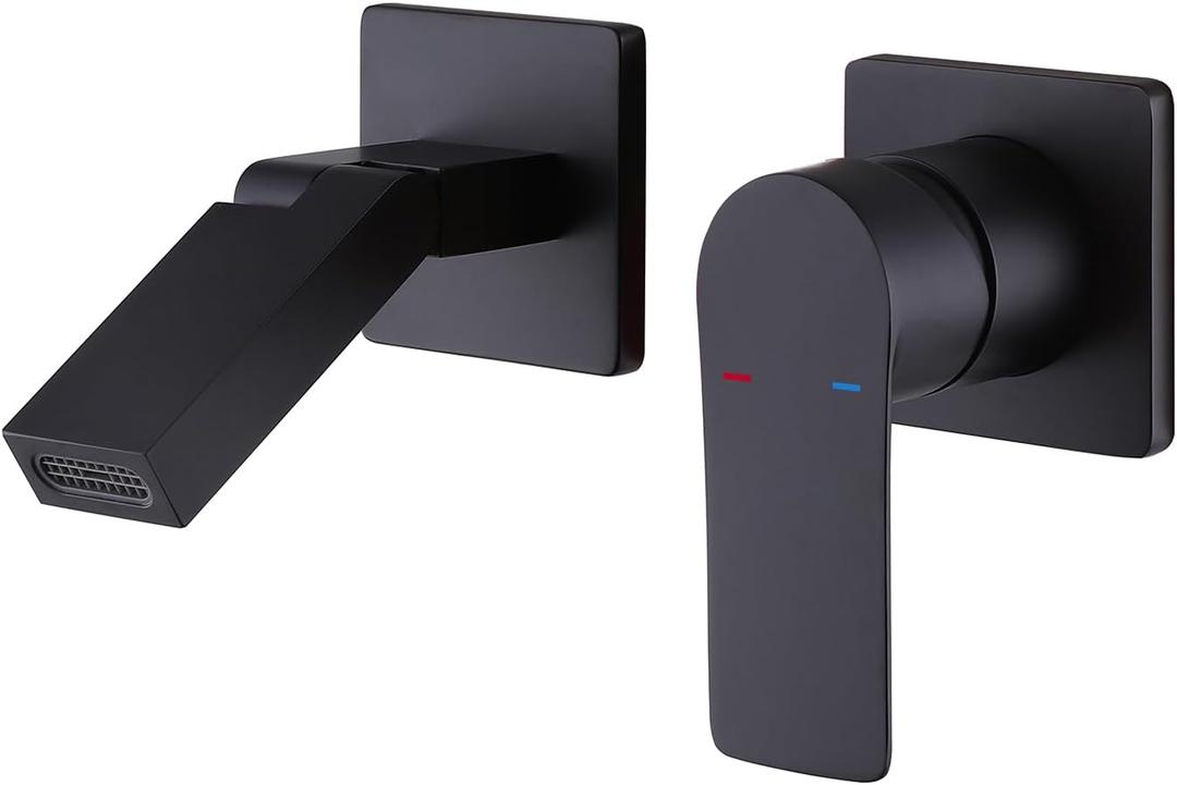 Wall Mount Faucet Solid Brass, Wall Mounted Bathroom Vessel Sink Faucet,Single Handle 2 Holes Vanity Faucet with Foldable Spout, Rough in Valve (Matte Black)