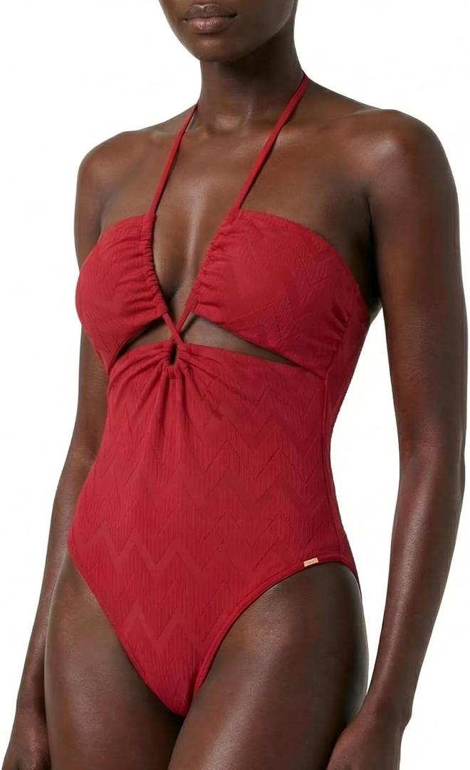 ELUWE Women's Textured Cutout One Piece Swimsuit - Halter Monokini Tummy Control Bathing Suit Slimming (Red, M)