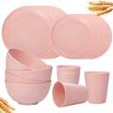 Rubtlamp 16Pcs Plastic Wheat Straw Dinnerware Set, Reusable Plastic Plate Set for 4, Kitchen Plates And Bowls Set (Pink) Include Dinner Platos, Dessert Platos, Cereal Bowls, Cups for Daily, Camping