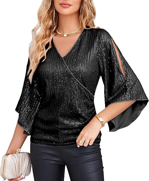 GRACE KARIN Womens Sparkly Sequin Tops,3/4 Sleeve Glitter Party Dressy Blouse,V-Neck Disco Evening Club Concert Shirt XL