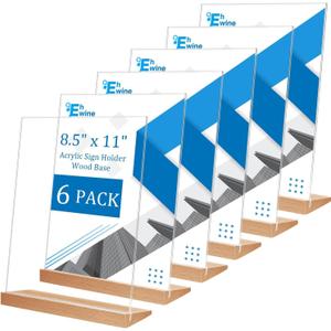 EHWINE 8.5 x 11 Acrylic Sign Holder, 6 Pack L Shape Frames With Wood Base, Clear Table Flyer Menu Stand for Office Business Store, Brown and Wood Color Base