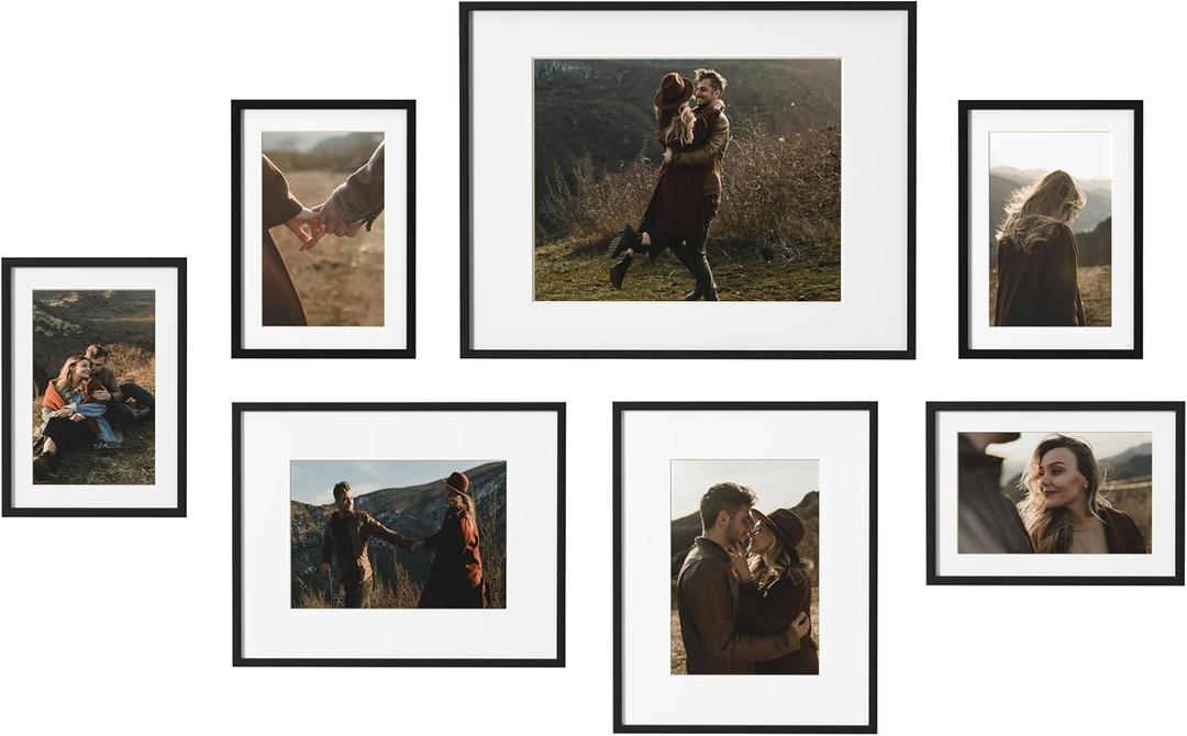 Eletecpro Aluminum Gallery Wall Frame Set of 7, Including 1Pc 11x14, 2Pcs 8x10, 4Pcs 5x7 Photo Frames for Wall or Tabletop Display, Multiple Sizes Picture Frames Collage Wall Decor, Black
