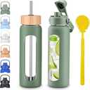 24 oz Glass Water Bottles with Straw and Lid 1 Liter Borosilicate Glass Tumbler With Silicone Sleeve and 2 Lids, Handle Spout & Bamboo Straw Lid, Leakproof BPA Free for Gym, Office, Home & Travel (Olive)
