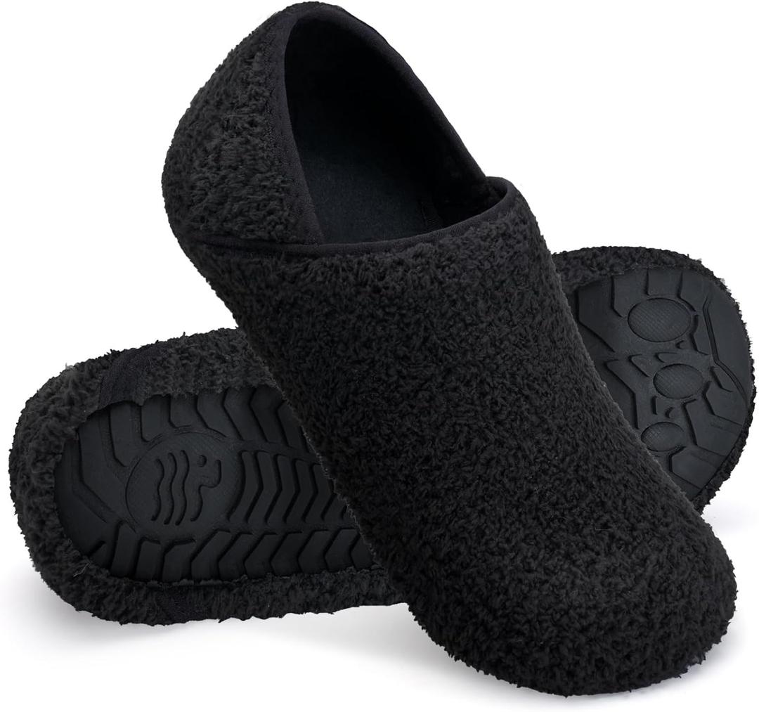 WateLves Womens & Mens Lightweight Cozy Faux Furry House Slippers - Rubber Sole Slip On Sock Shoes - Foldable Travel Slippers - Indoor & Outdoor (Black)