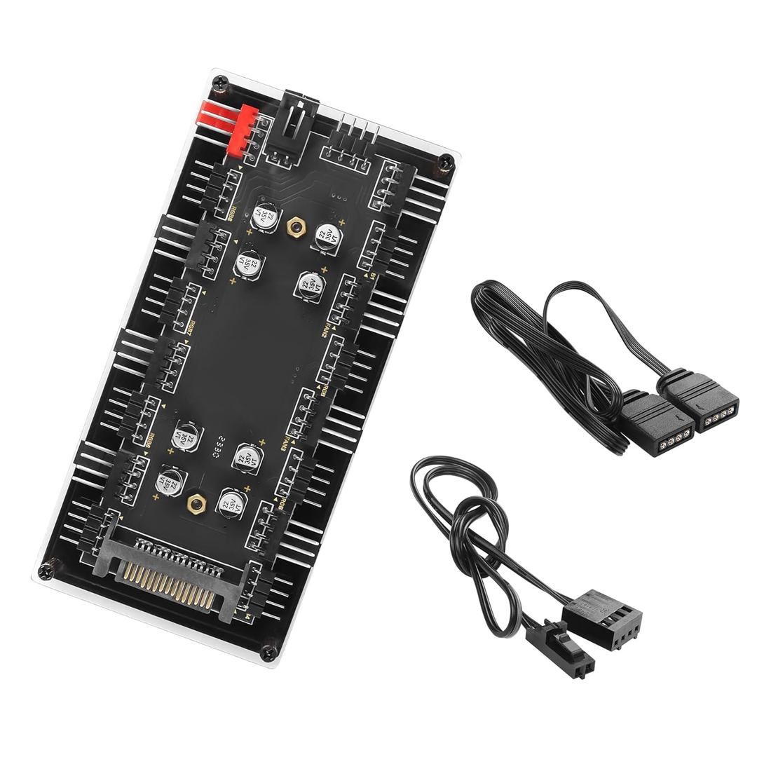 YACSEJAO Case Fan Hub, 12V 4Pin PWM + 4Pin RGB 2 in 1 Controller with SATA Power CPU Cooling Fan Addressable RGB Lighting for Computer 4pin RGB LED Cooling Fan