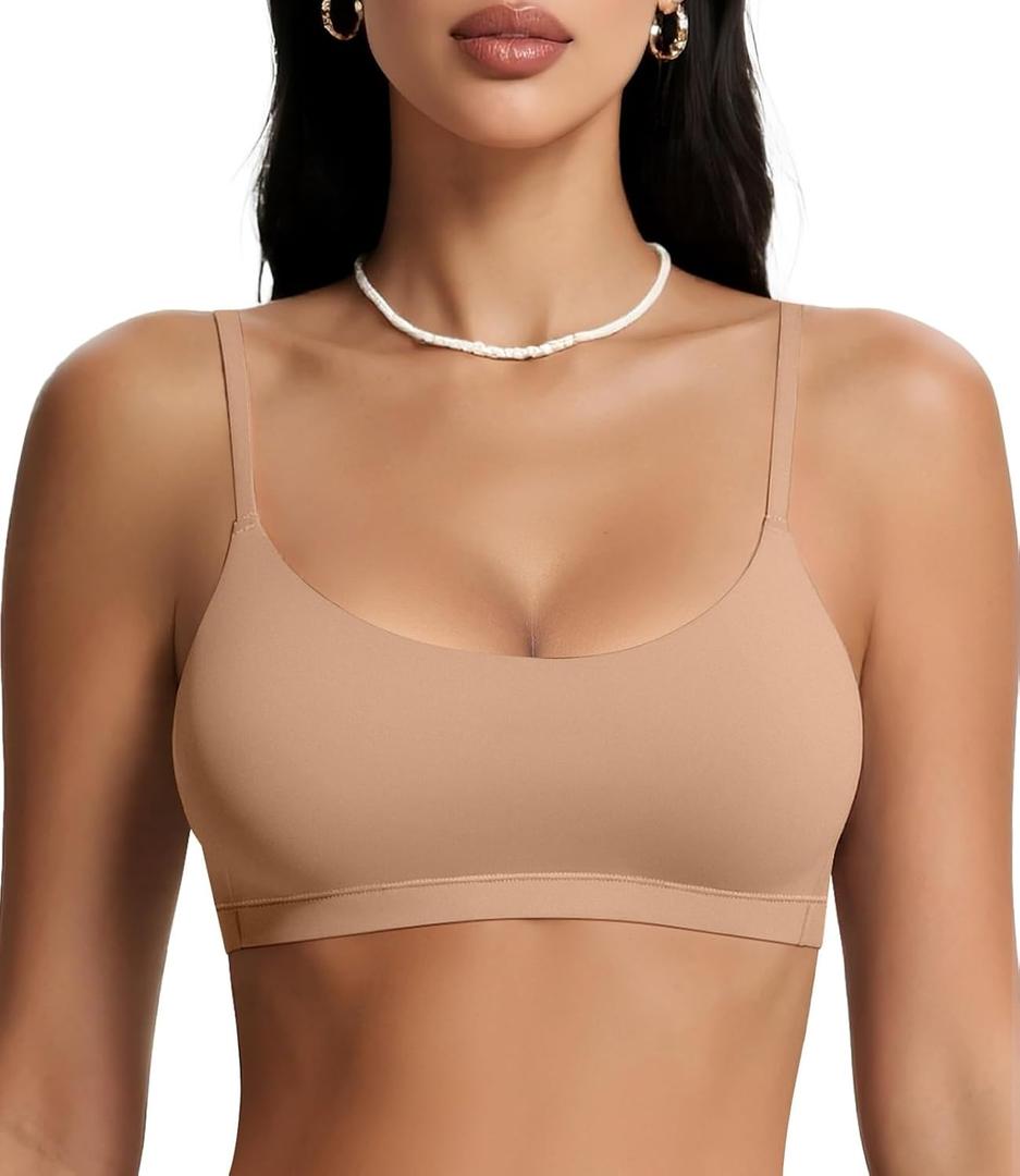 OEAK Womens Comfortable Bras No Underwire Cami Bra Seamless Unlined Bralettes Scoop Neck Unpadded Everyday Sports Tshirt Bra (Beige, S)