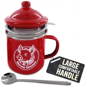 Mini Bacon Grease Container with Strainer, Lid & Spoon 15 oz Dishwasher Safe Enamel Grease Keeper with Lid & Stainless Steel Fine Mesh Strainer - Farmhouse Cooking Fat Storage Cup, Bacon Grease Jar