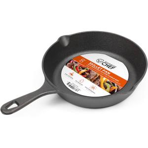 Commercial CHEF 8-Inch Cast Iron Skillet Pan, Pre-Seasoned Cast Iron, Integrated Hanging Hole in Handle, Works on All Cooktops Including Induction, Outdoor Skillet for Campfires or Grills, CHFS800