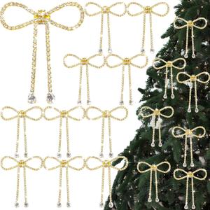 Highergo 12 Pcs Rhinestone Christmas Bows Ornaments Sparkly Glitter Bow Christmas Tree Ornaments for Xmas Wreath Garland Fireplace Home Decorations(Simple Style,Gold)