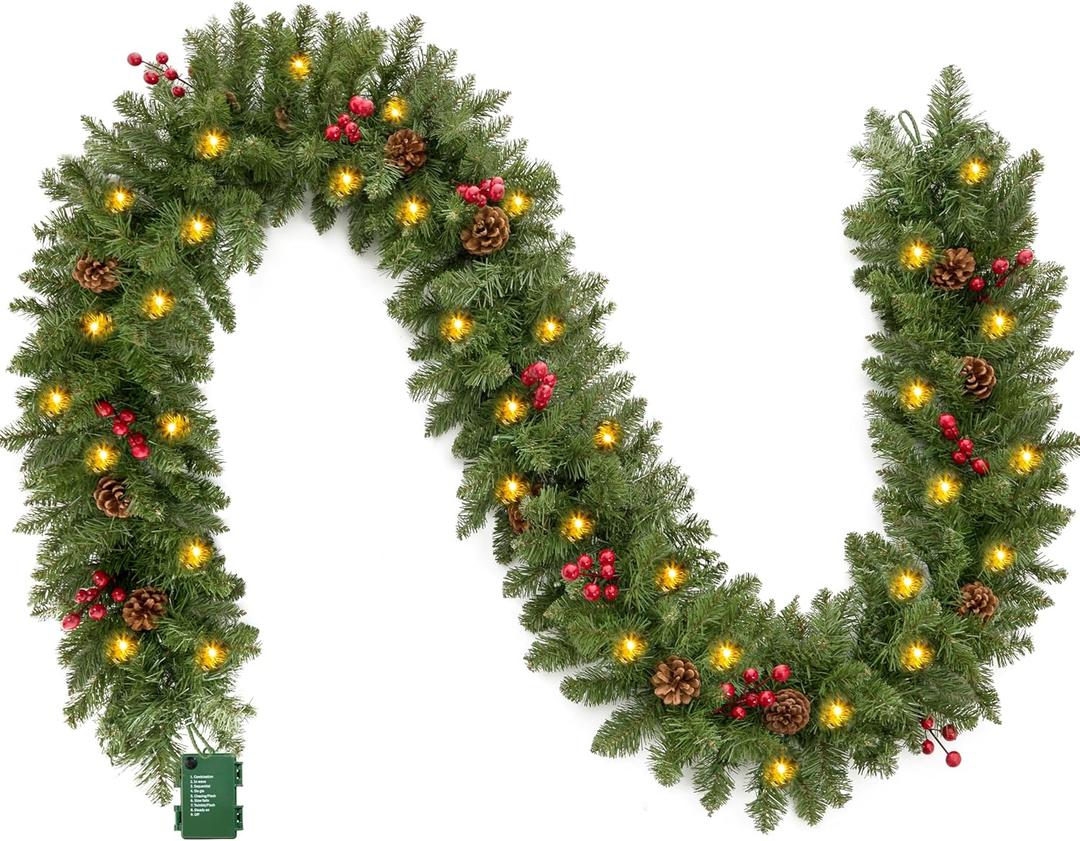 Joiedomi 9Ft Christmas Garland Prelit with Lights, 100 Warm White LED, 27 Pine Cones, 27 Red Berries for Home & Office Christmas Indoor and Outdoor Decorations (Battery Powered, not Included)