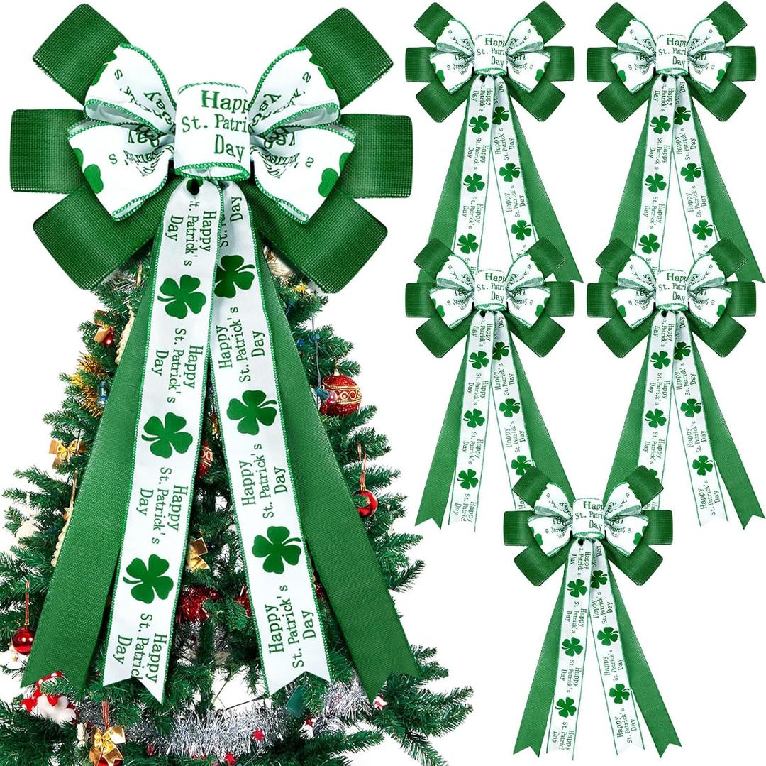 Riceshoot 6 Pcs Extra Large St. Patrick's Day Tree Topper Bows 26 x 12 Inches Green Four Leaf Clover Bows for Wreaths Irish Shamrock Bows for Front Door Tree Decorations