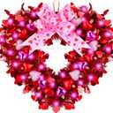 Moucuny Heart Wreath for Front Door Heart Shaped Wreath with Light String and Bowknot Tinsel Garland Decoration for Door Wall Window Party Decor(Pink)