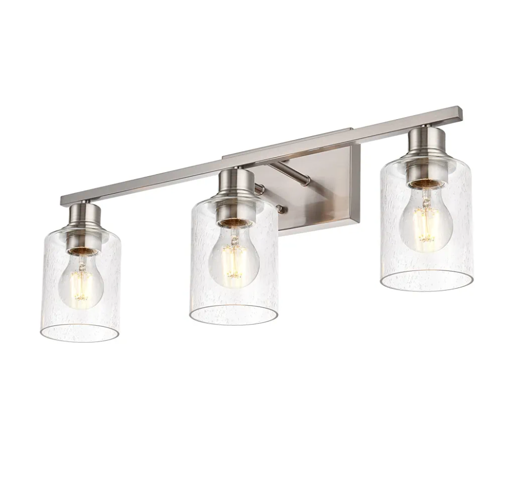 VINLUZ Brushed Nickel Vanity Lights for Bathroom，3 Light Modern Metal Wall Mounted Lights with Seeded Glass Shade Indoor Bathroom Lighting Fixture