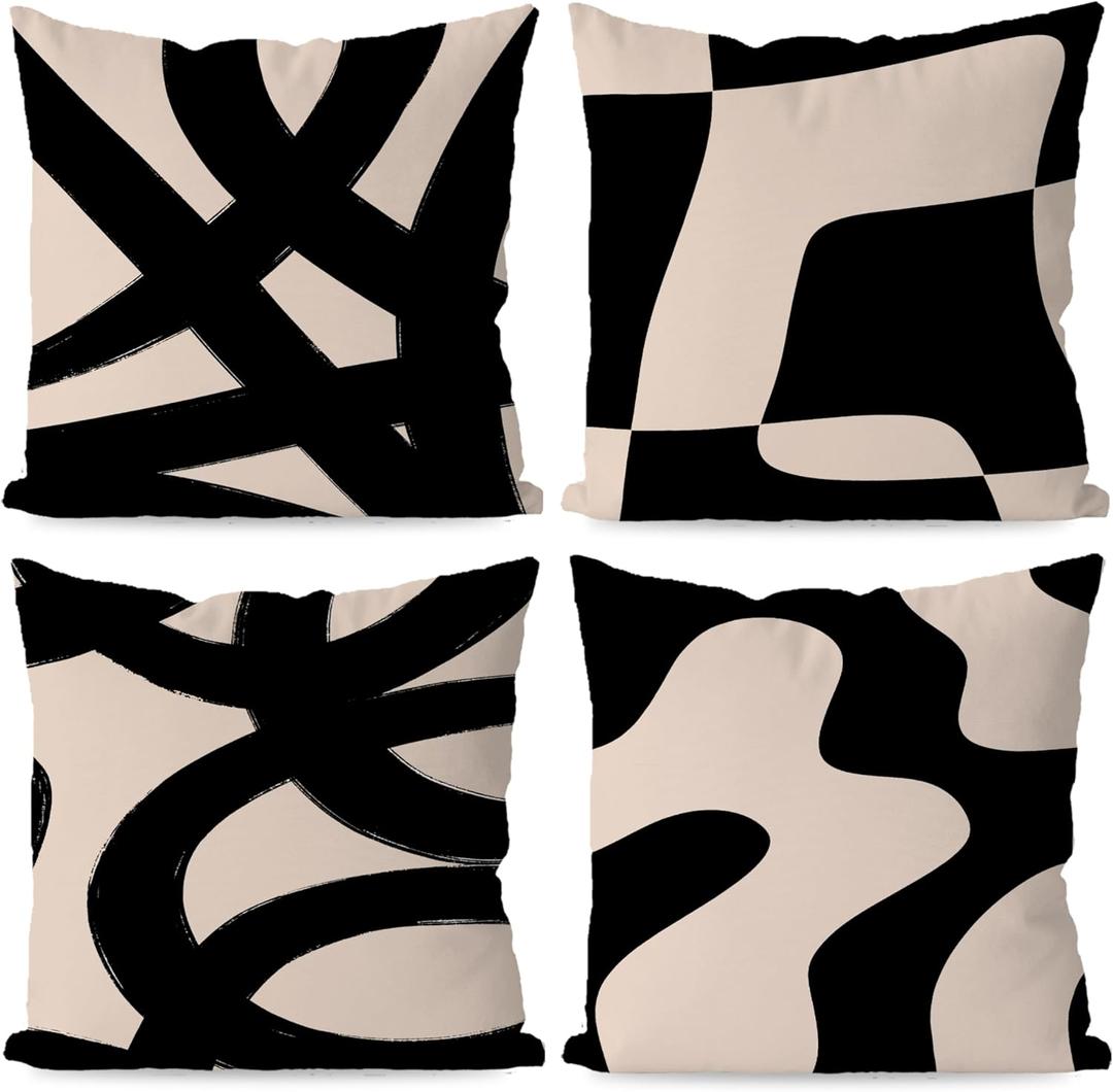 KEUSPI Black and Beige Throw Pillow Covers, Boho Modern Abstract Decorative Black and Pink Beige Cream Pillow Covers Decor for Couch Living Room Home 18x18 Set of 4