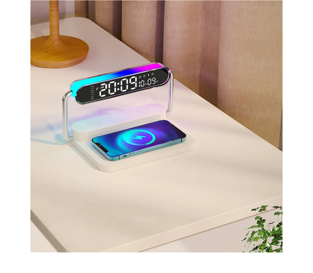 4in1 Multifunction Mobile Wireless Charger with Colorful Night Lights, Bluetooth Speaker, Digital Clock Alarm