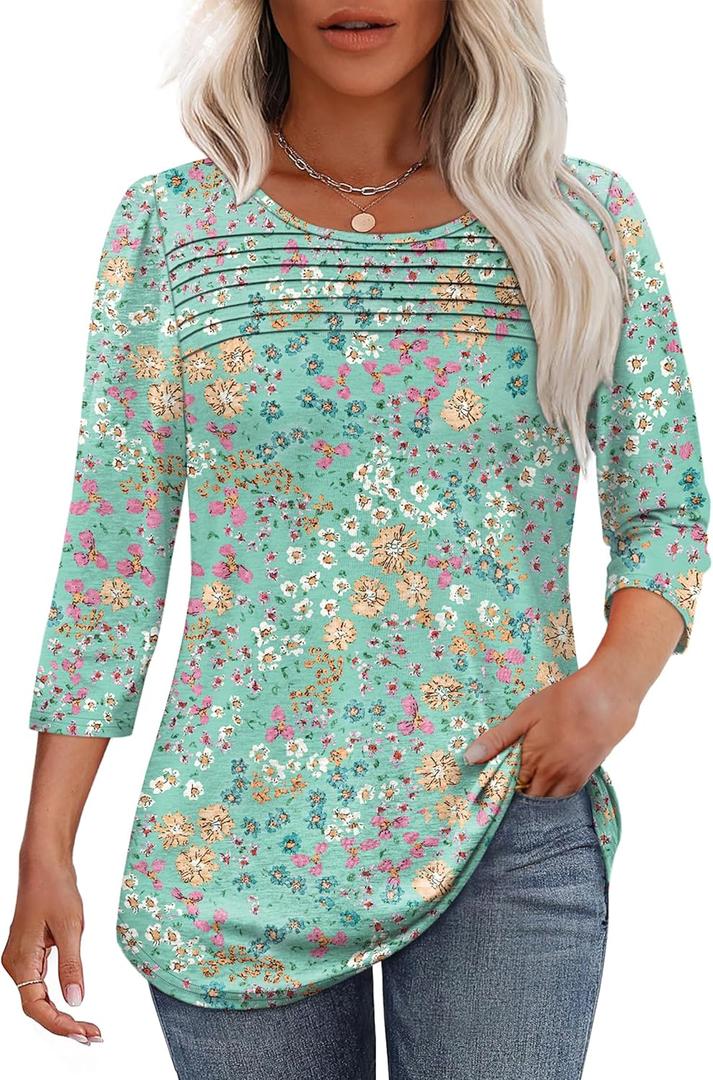 OFEEFAN Womens Tops 3/4 Length Sleeve Blouses Dressy Casual Spring Summer Outfits Pleated Front T Shirts Curved Hem (Z-floral Green)