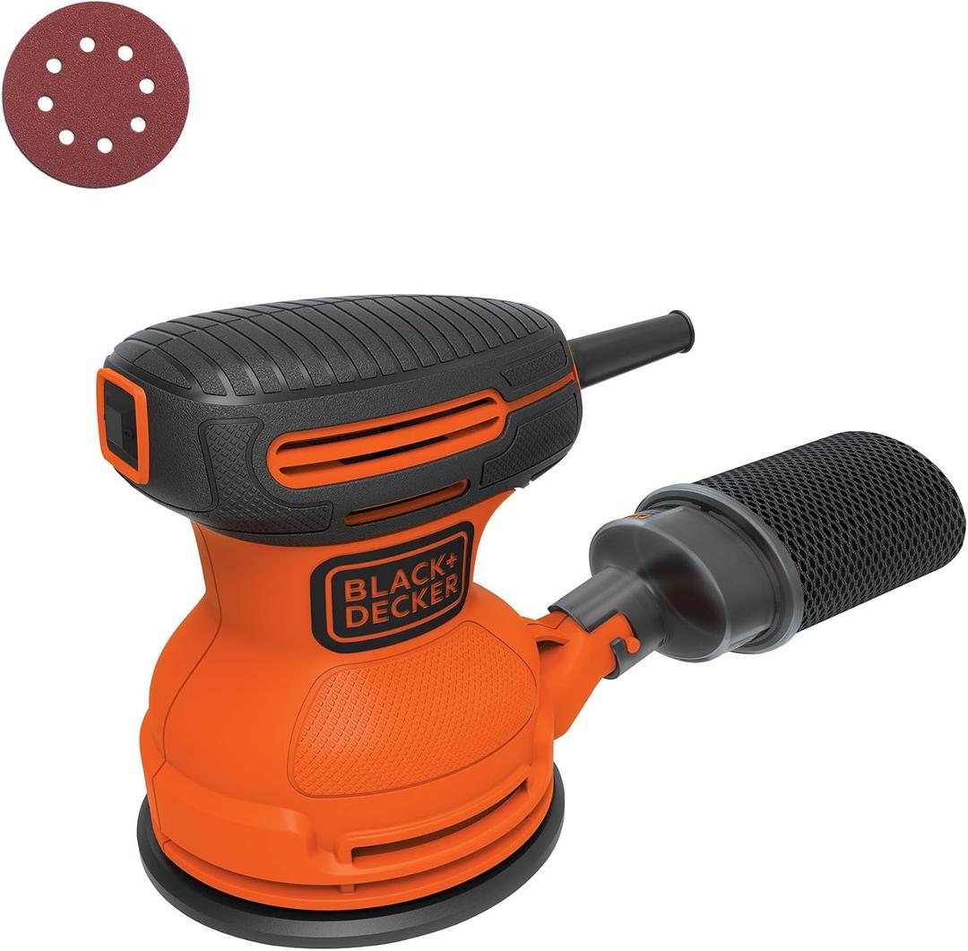 BLACK+DECKER Orbital Sander, 5 Inch, 2.0 Amp, 12000 OPM, Corded, 1 Sandpaper Sheet and Dust Bag Included (BDERO100)