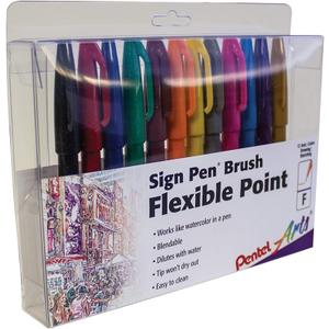 Pentel Arts Sign Pen Touch, Fude Brush Tip, 12 Assorted Colors in Marker Stand (SES15CPC12)