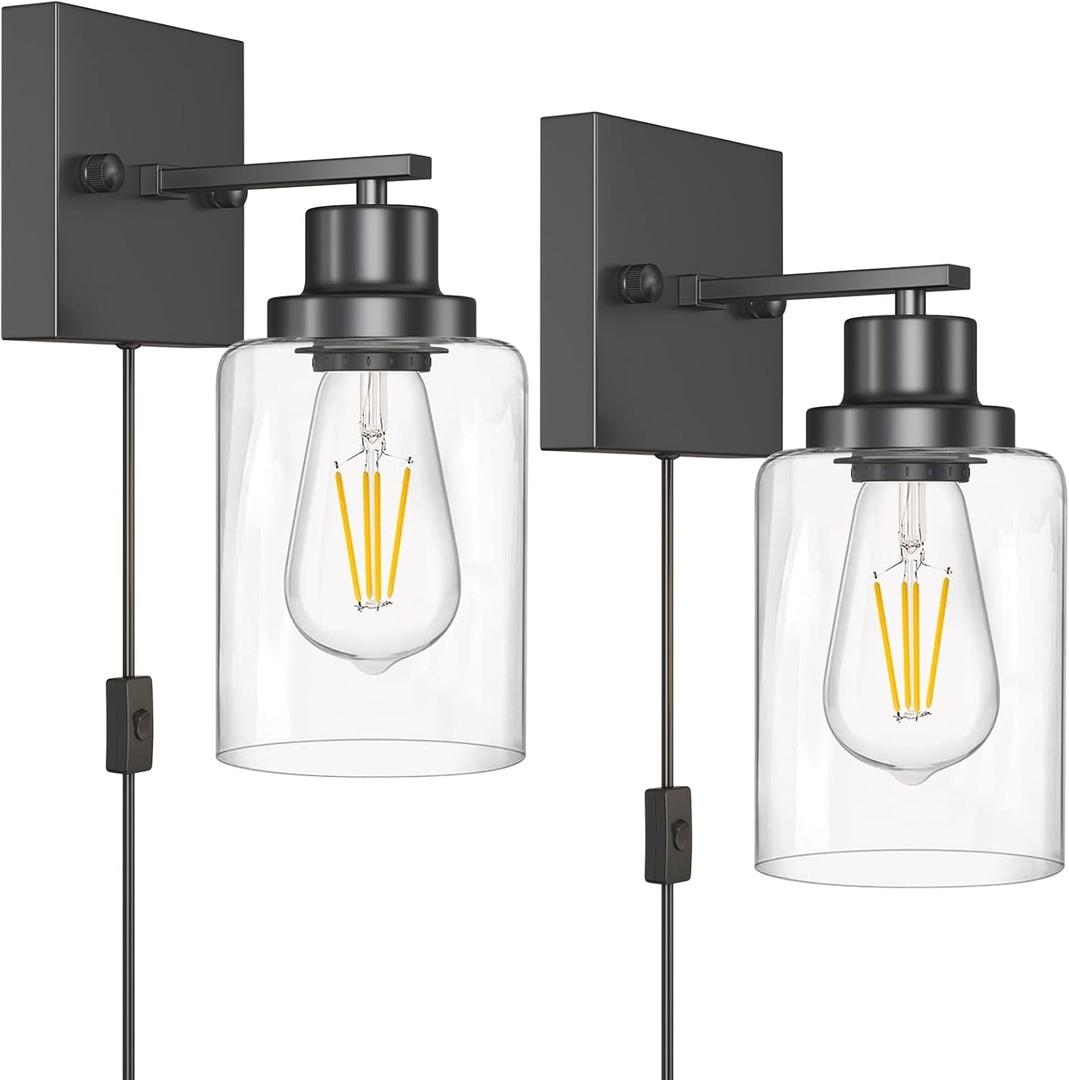 Plug in Wall Sconces, 2 Pack Wall Lamp, Rustic Plug in Wall Light Sconces, Sconces Wall Lighting, E26 Modern Wall Light Fixtures (Black)