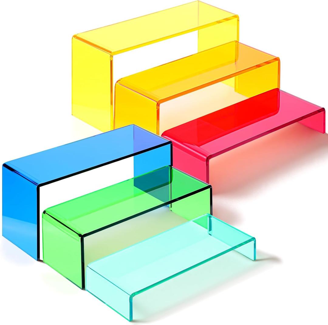 6 Pcs Colorful Acrylic Risers for Display, 3 Tiers Desktop Acrylic Shelves Riser Stands, Thickened to 0.2''(5MM) Stackable Products Stand for Display Cake Dessert Collectibles Jewels Pop Figure