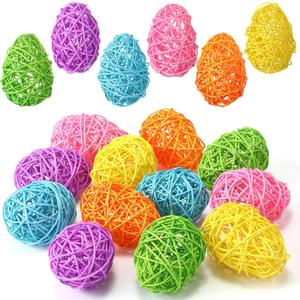 Vicenpal 12 Pcs Easter Rattan Eggs Farmhouse Style Rustic Woven Egg Decor 3.74 Inches Decorative Eggs for Easter Vase Filler Tray Decor Bowl Centerpiece (Candy Colors)