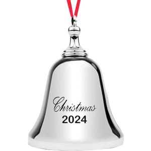 2024 Christmas Ornament - Elegant Silver Christmas Bell Ornament 2024 with Red Ribbon. Jingle Bell 2024