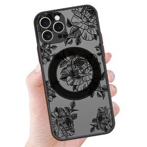 Zrutru Black Flower Magnetic Case for iPhone 16 Pro Compatible with MagSafe, Floral Anti-Fall Shockproof Protective Phone Case - Aesthetic Cute Black Flower Design for Women Girls